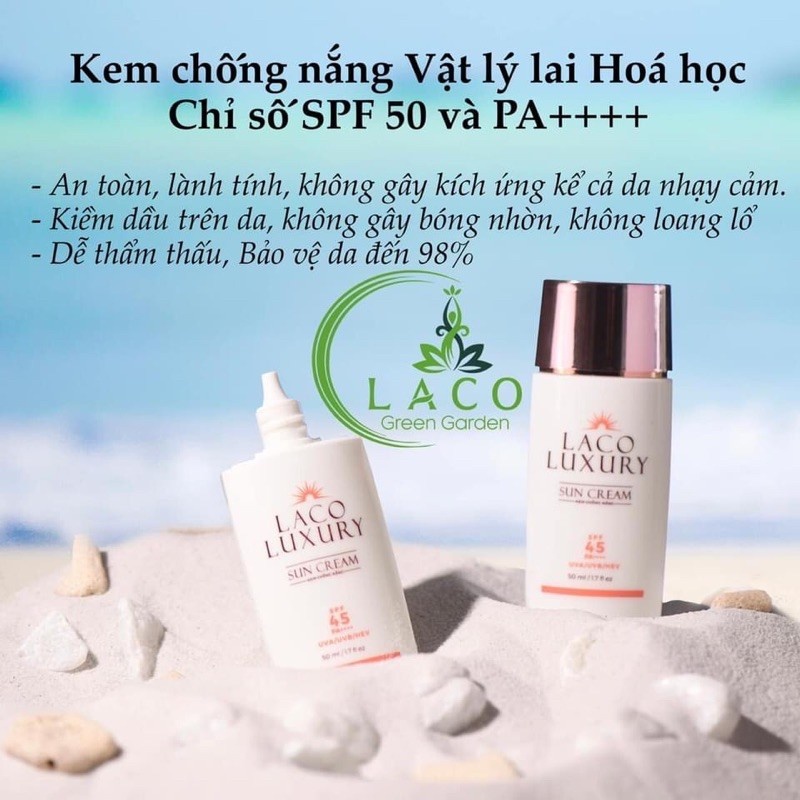 Laco Luxury Sun Cream 50ml Kem Chống Nắng, dưỡng trắng SPF45 PA++++ Lên Tone, Chống UVA, UVB, Không Nhờn, Kiềm Dầu