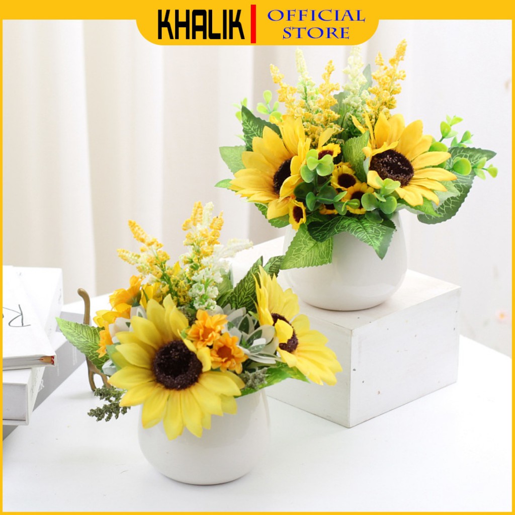 Hoa giả trang trí Decor KHALIK - HƯỚNG DƯƠNG BONSAI - HF007 - Đã bao gồm cả chậu sứ