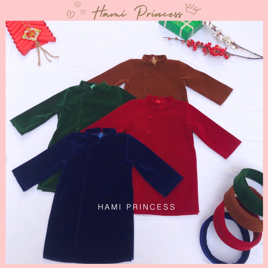 Áo Dài Nhung Bé Trai Thiết Kế Thanh Lịch HAMI PRINCESS (Kèm Quần Lụa &amp; Mấn)