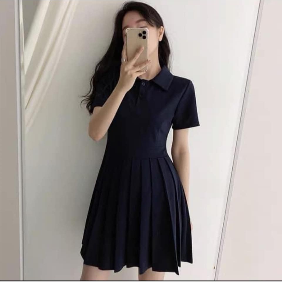 VÁY POLO THÊU GẤU XẾP LY XÒE, ĐẦM COTTON CỔ ĐỨC XẾP LY 2 MÀU BE, THAN CHO NỮ