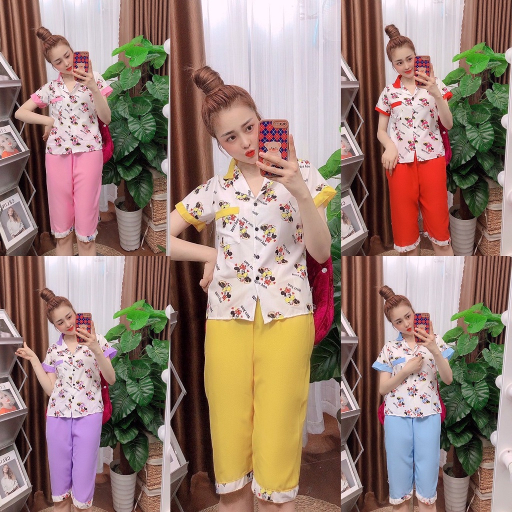 set đồ lửng kate lụa họa tiết mickey chữ lạ siêu xinh có nhiều màu cho các ce chọn freesize dưới 57kg