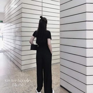 Set quần ống loe áo croptop đen