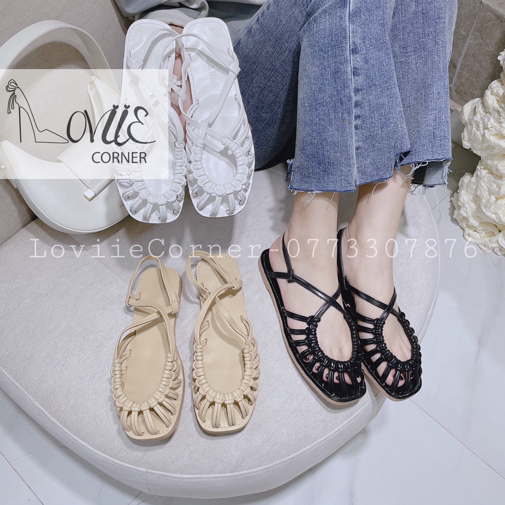 SANDAL RỌ LOVIIE CORNER - GIÀY QUAI HẬU DÂY DA ĐAN THỜI TRANG - DÉP NỮ MŨI TRÒN ĐẾ BỆT 1CM S210707