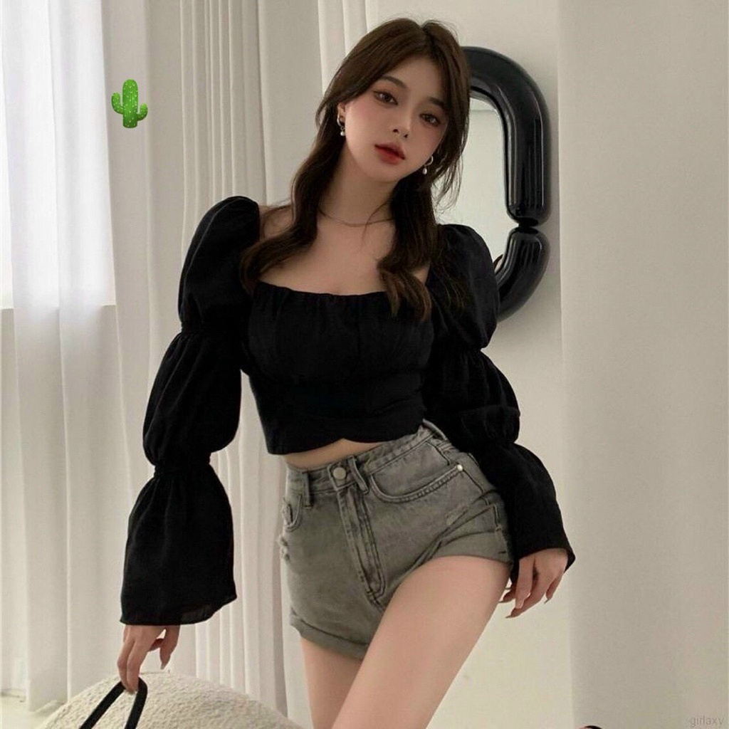 Áo kiểu cổ vuông tay bồng nhúm cột nơ sau lưng cực hot , chất kate mềm mịn
