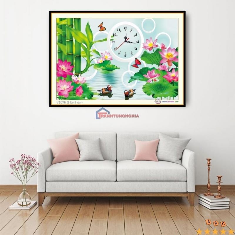 Tranh đính đá ABC đồng hồ hoa sen 60cm x 40cm