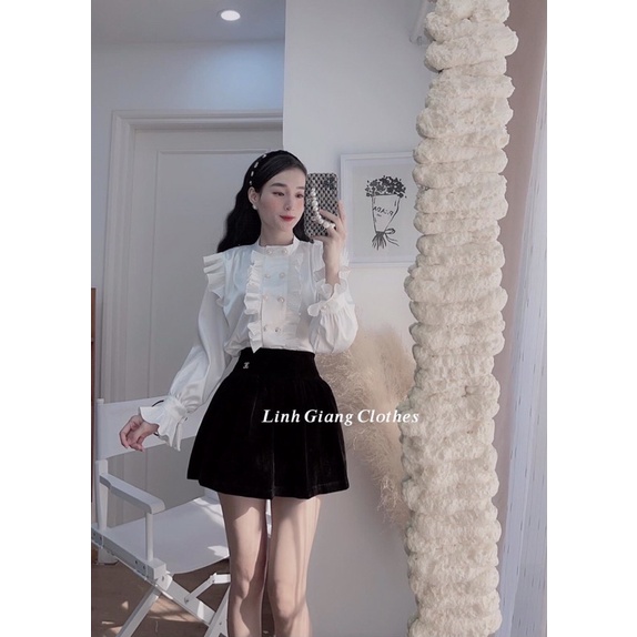 SET ÁO SƠ MI BÈO MIX CHÂN VÁY NHUNG DÁNG XOÈ SIÊU XINH | BigBuy360 - bigbuy360.vn