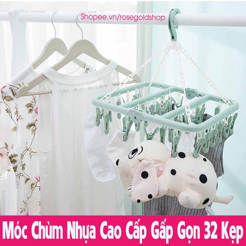 Móc Chùm Nhựa Cao Cấp Gấp Gọn 32 Kẹp Phơi Quần Áo, Khăn Tất, Thú Bông (Hàng Có Sẵn)