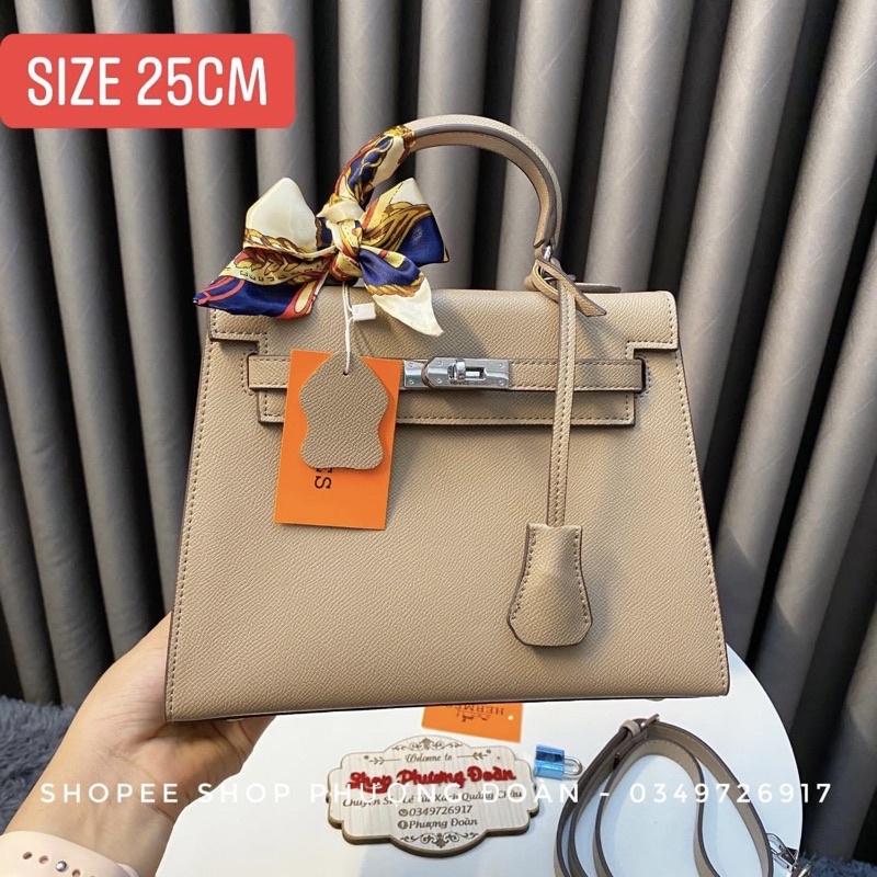 [KL25 FULL BOX]Túi da sần khoá trăng size 25cm tặng kèm khăn lụa