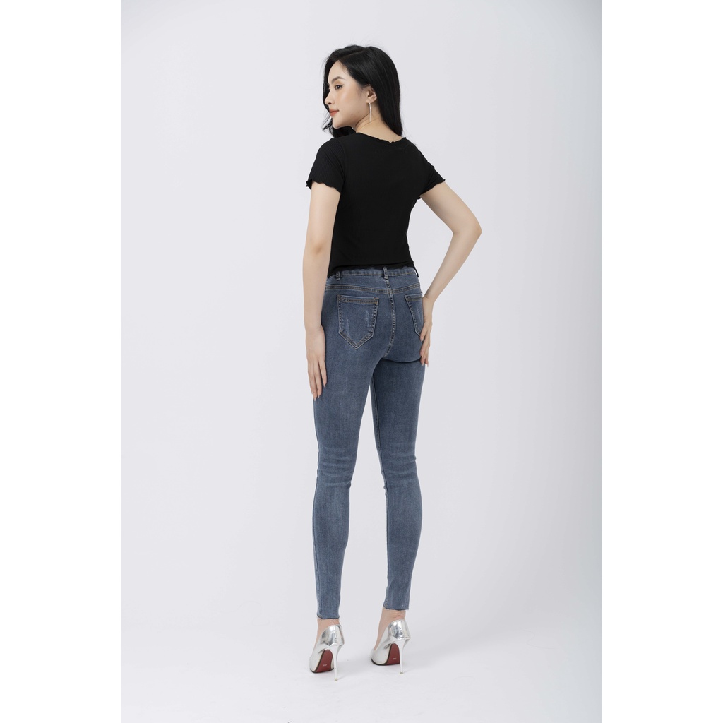 Quần bò dáng ôm, quần Jeans nữ in chữ trang trí cạp FIONA B342011