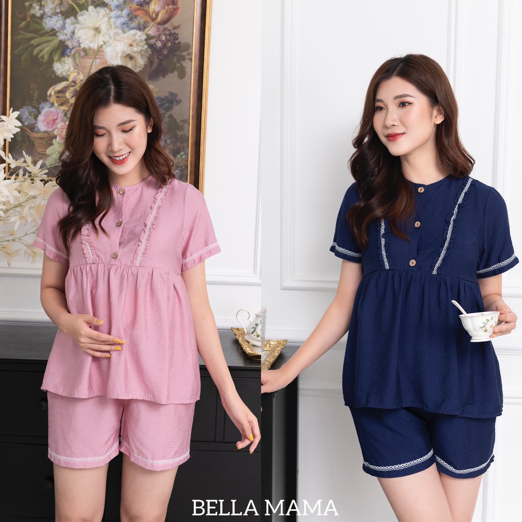 🤰Đồ ngủ bầu/sau sinh thiết kế phối ren Bella 🌸Chất đũi mềm mịn mát, có khoá kéo ngực, chỉnh chun bụng |  2 màu SIÊU XINH