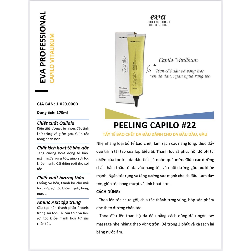 Tẩy Tế Bào Chết Làm Sạch Sâu, Điều Hòa Bã Nhờn, Chống Rụng Tóc Eva Capilo Vitalikum Peeling 175ml