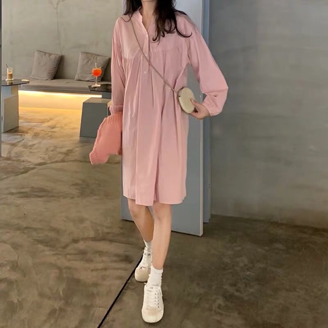 Váy babydoll cổ sơ mi ulzzang + Áo gilen len hồng