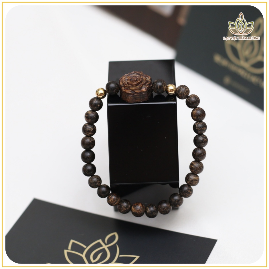 Vòng Tay Trầm Hương INDO Hạt 6MM Mix Hoa Hồng - Vòng Trầm Hương INDO Dó Dây Xịn VIP Cao Cấp Lạc Việt Trầm Hương