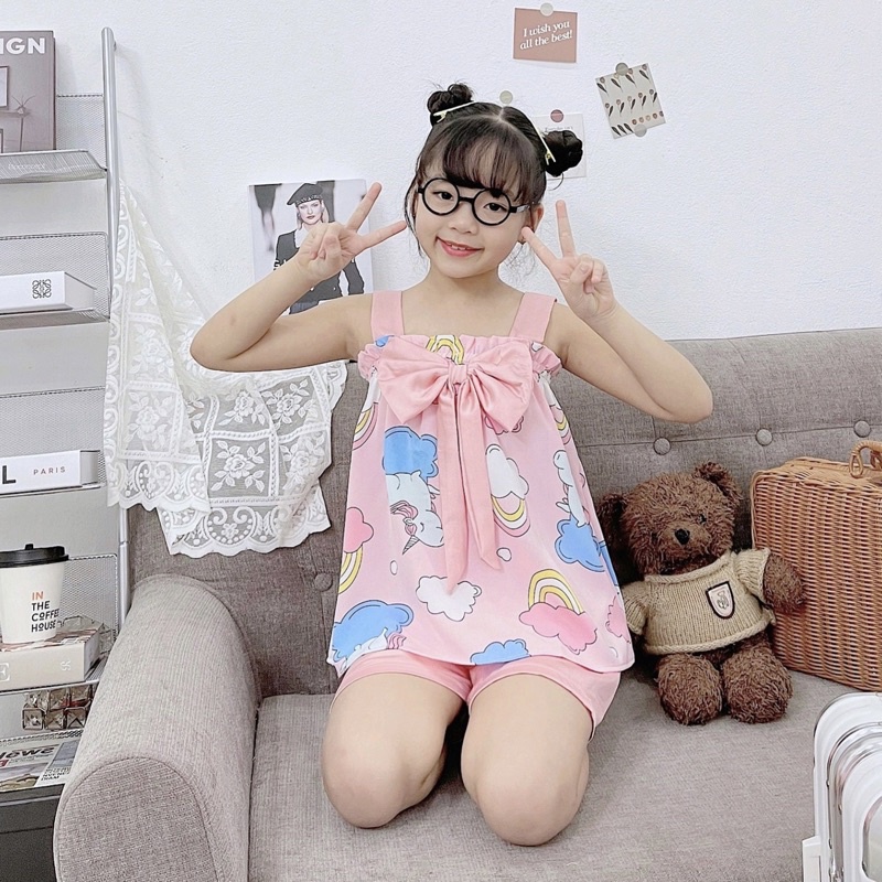 Bộ bé gái từ 16-32kg chất lụa Mago cao cấp❤️Bộ quần áo mặc nhà thiết kế 2 dây bản to phối nơ cho bé gái siêu xinh-M0054