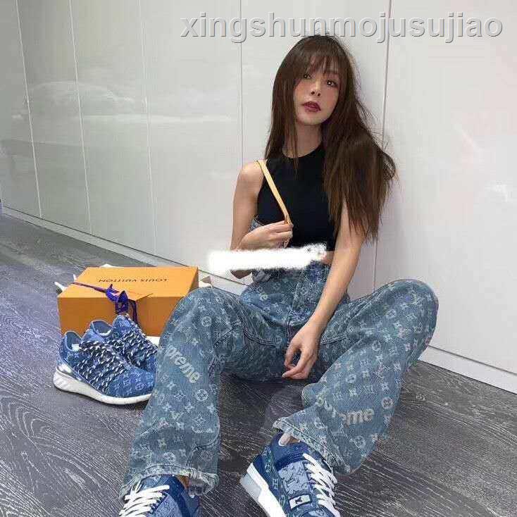 ✒Lv Quần Jean Lưng Cao Ống Suông Rộng Thoải Mái Cá Tính Thời Trang