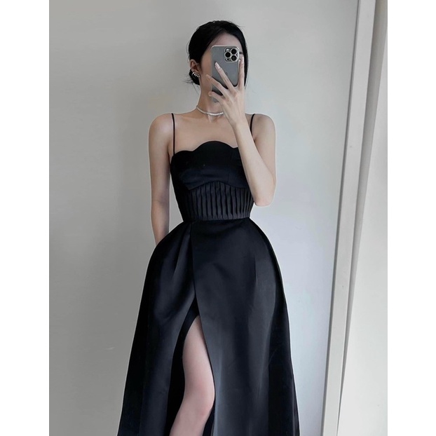 Đầm hai dây xẻ đùi xếp ngực gợn sóng dáng midi dài [kèm hình thật]