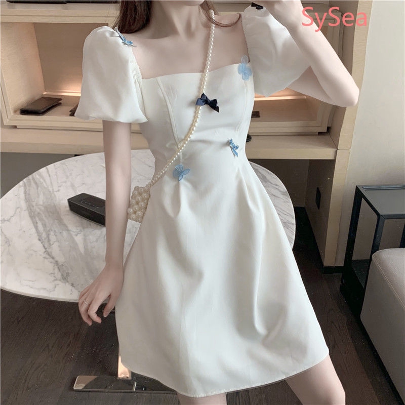 Đầm mùa hè tay phồng màu trắng dáng chữ A họa tiết bướm cho nữ | BigBuy360 - bigbuy360.vn