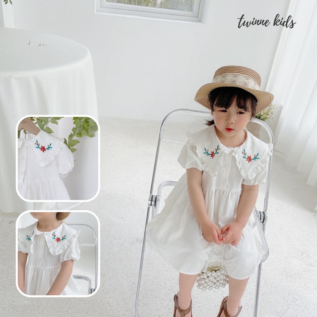 Váy bé gái trắng cotton cổ thêu hoa nhỏ phong cách cổ điển bé gái 2-6 tuổi