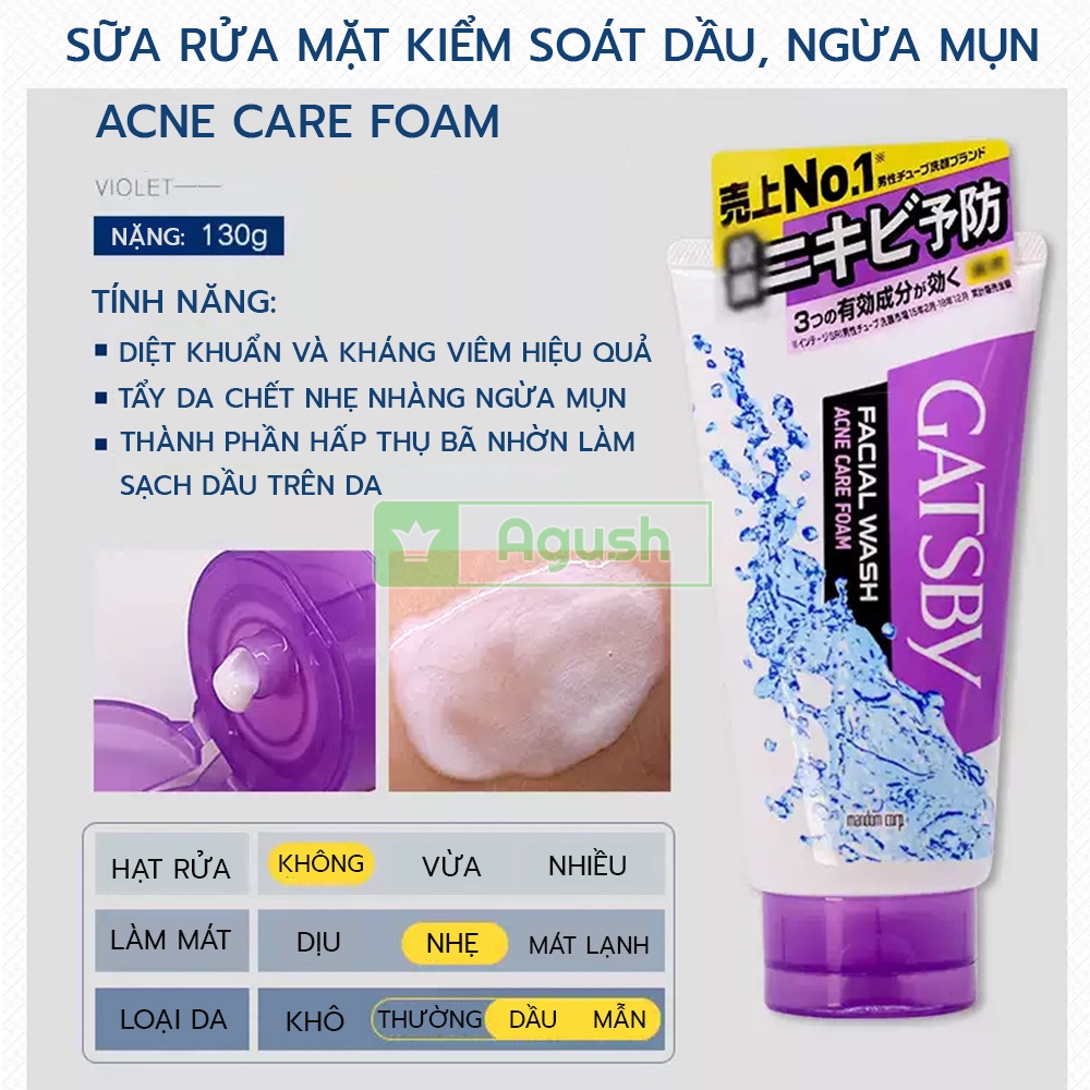 Sữa rửa mặt nam giới da dầu ngừa mụn chính hãng Gatsby Facial Wash Acne Care Foam chai 130g tẩy tế bào chết tạo bọt rẻ