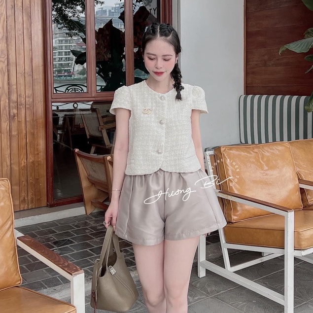 Set bộ áo dạ kem tay bồng mix quần short đùi be BN120