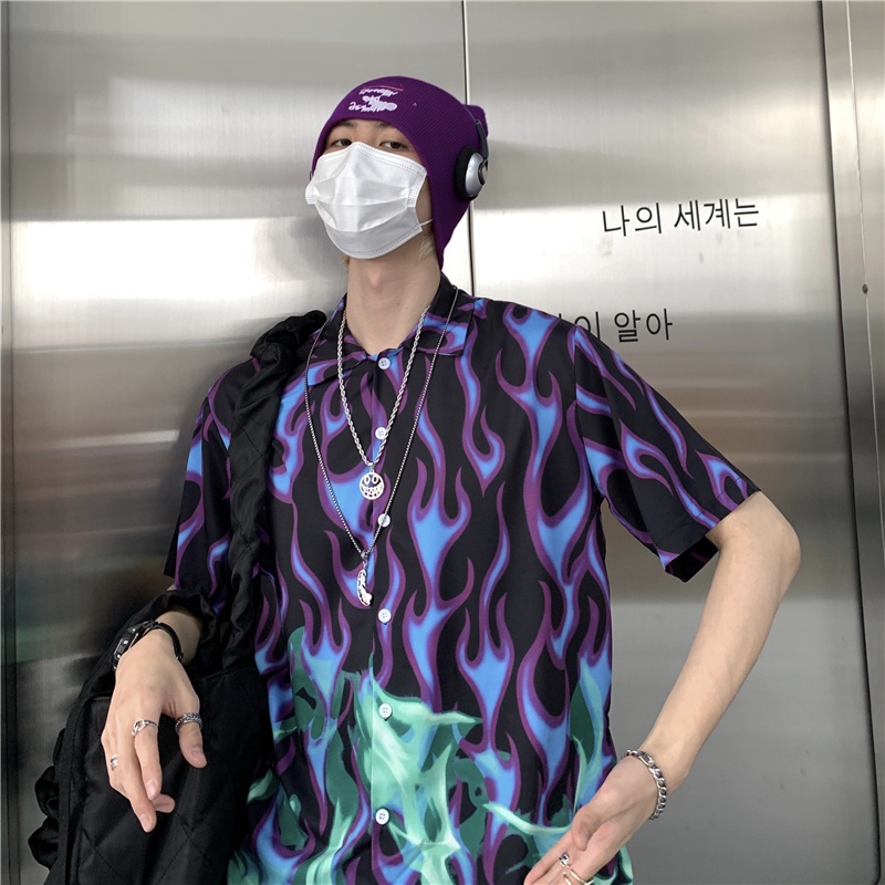 Áo sơ mi ZHELIHANGFEI tay ngắn dáng rộng màu sắc tương phản phong cách Mỹ hip hop cá tính thời trang mùa hè unisex