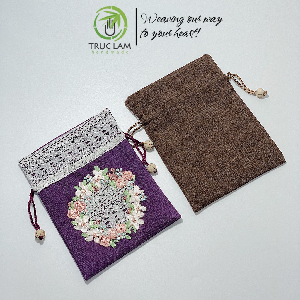 Túi Rút Thêu Ruy Băng Họa Tiết Hoa Phối Ren - Trúc Lâm Handmade