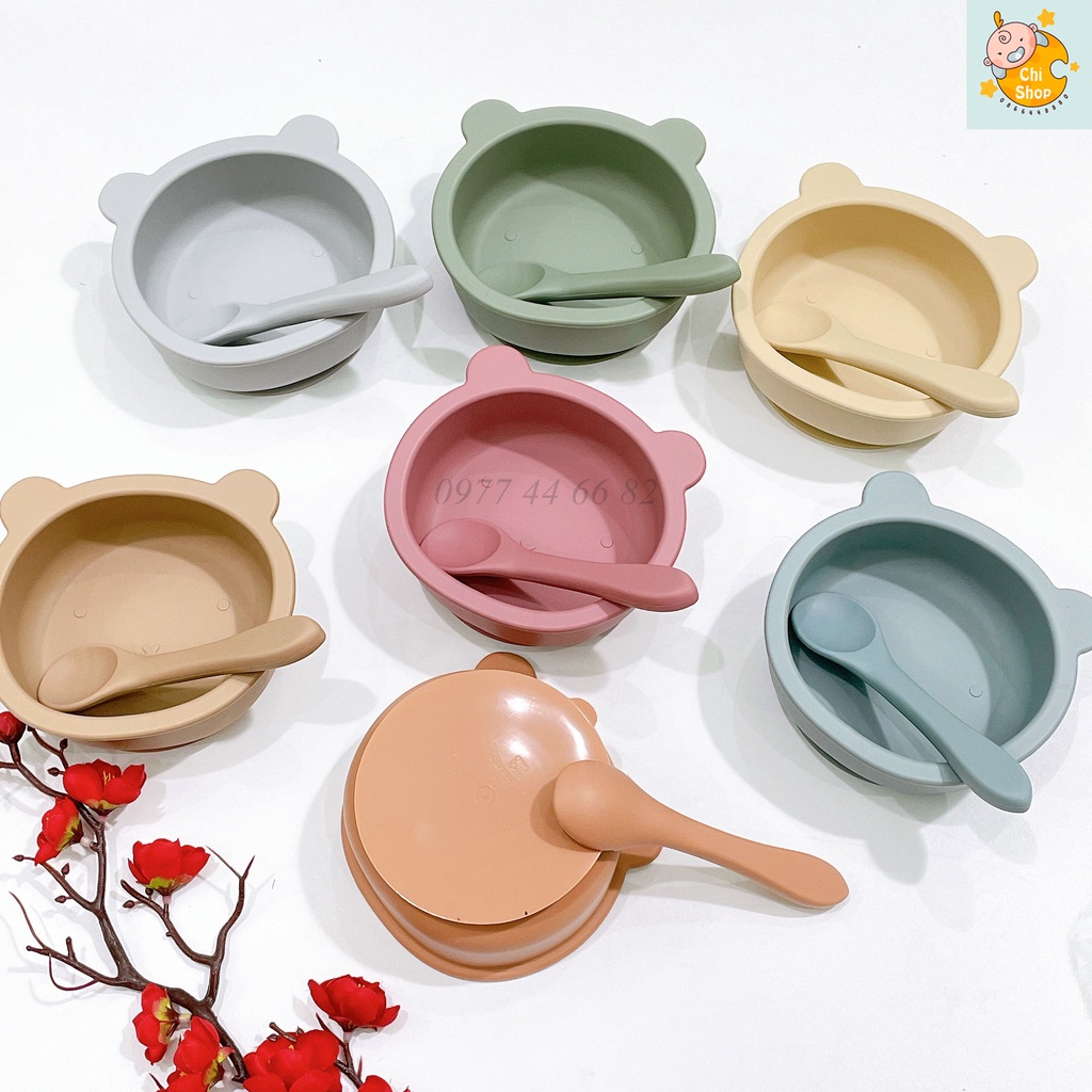 Bát silicon hình gấu kèm thìa có đế hút chống lật, đổ cho bé