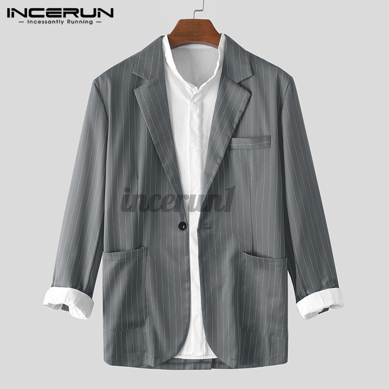 Áo khoác blazer INCERUN tay dài họa tiết kẻ sọc thời trang cho nam