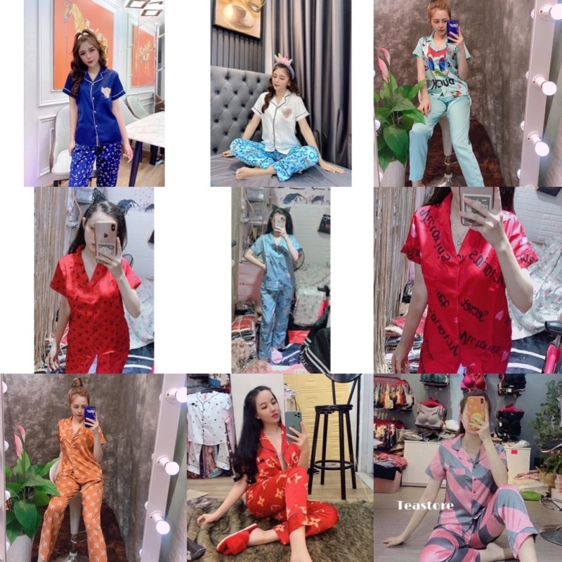 Đồ Bộ Pizama Satin Lụa Tay Ngắn Quần Dài