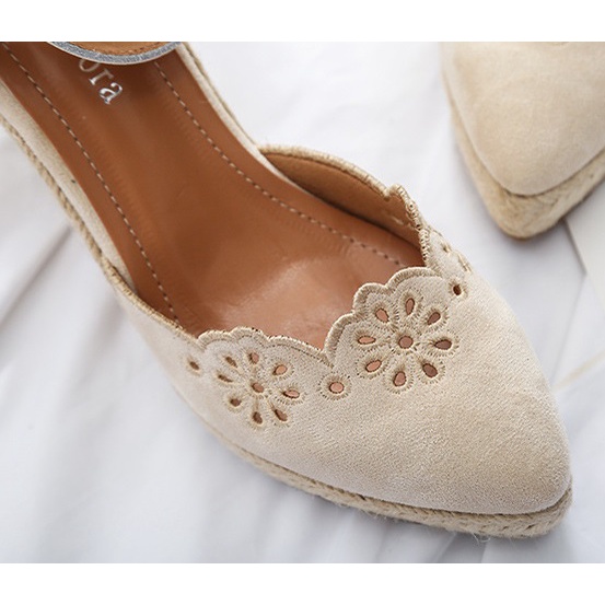 Giày cao gót đế xuồng bọc cói 10cm, chất da lộn viền hoa thêu