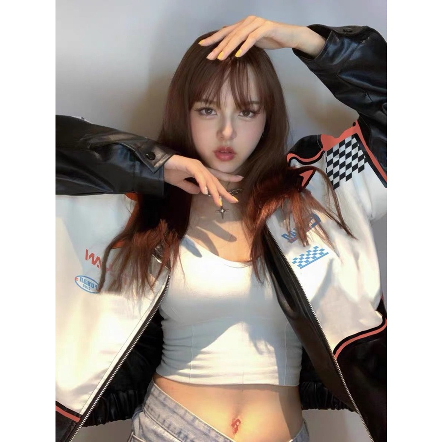 Áo khoác đi xe máy kẻ caro màu tương phản bằng da mùa xuân 2022 cho phụ nữ R5zZ