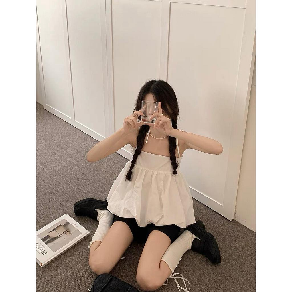 Babydoll áo nữ kiểu 2 dây xếp ly điệu đà, Áo hai dây babydol cánh tiên hàn quốc màu trắng, xanh DELIZ