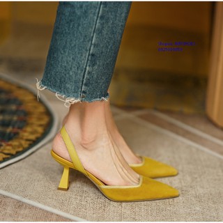 Giày cao gót màu vàng phong cách retro mũi nhọn - giày imyshoes