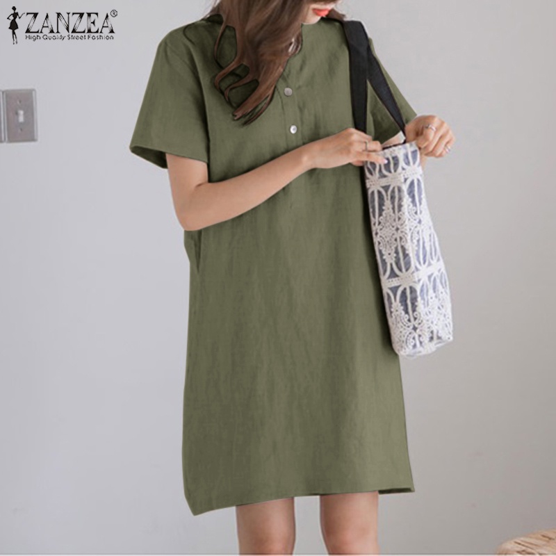 Zanzea Đầm ôm Ngắn Tay Cổ Tròn Form Rộng Màu Trơn Thời Trang