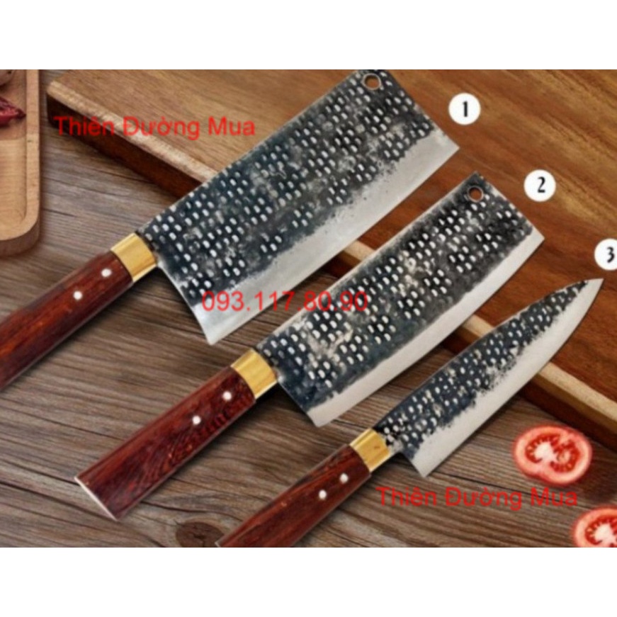 Bộ Dao Nhà Bếp Đa Năng 5 Món - Thép Nhíp Dập Vân 2 Mặt, Dùng Chặt Cây, Chặt Xương, Thái Lọc Thịt