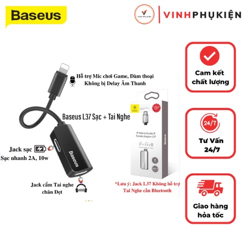 Jack chuyển đổi IPl37 baseus 2 in 1 vừa nghe vừa sạc hỗ trợ mic chân dẹt cho các dòng 7 8 x 11 12 13