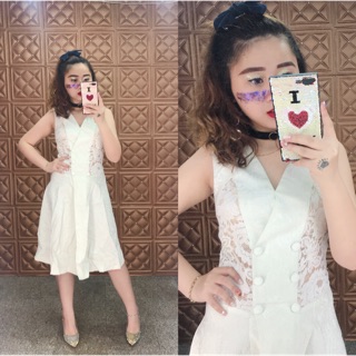 Đầm xoè vest phối ren nút bọc