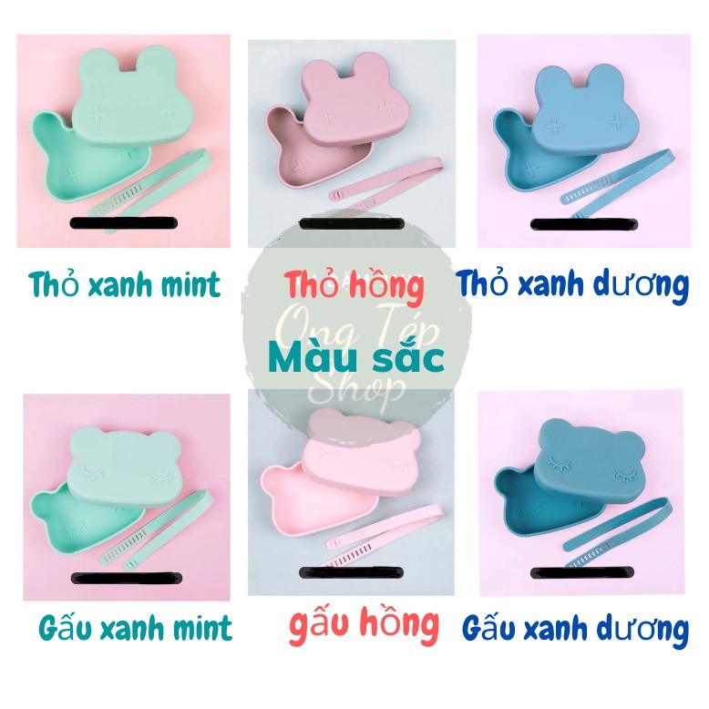 Khay ăn dặm silicon kèm nắp đậy hình gấu và thỏ xinh xắn cho bé ăn dặm