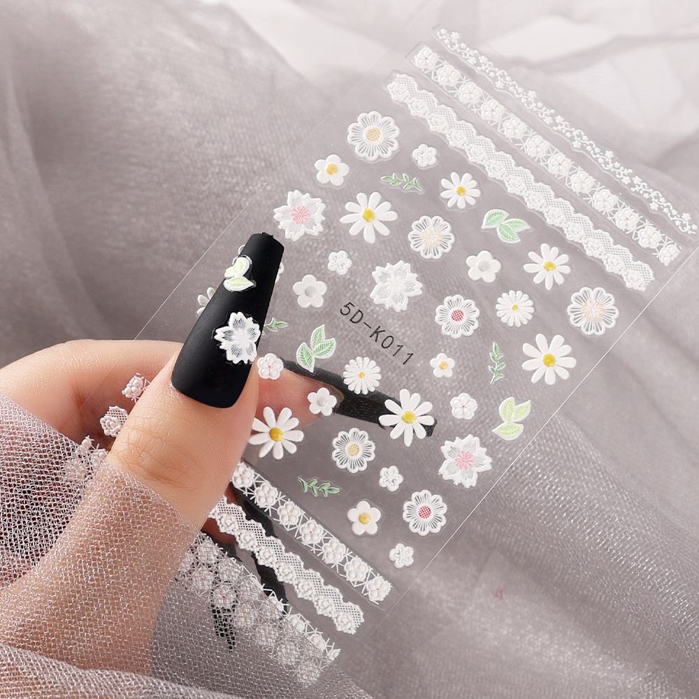[Hàng mới về] Tờ miếng dán trang trí móng tay họa tiết hoa ren dập nổi 5d màu trắng