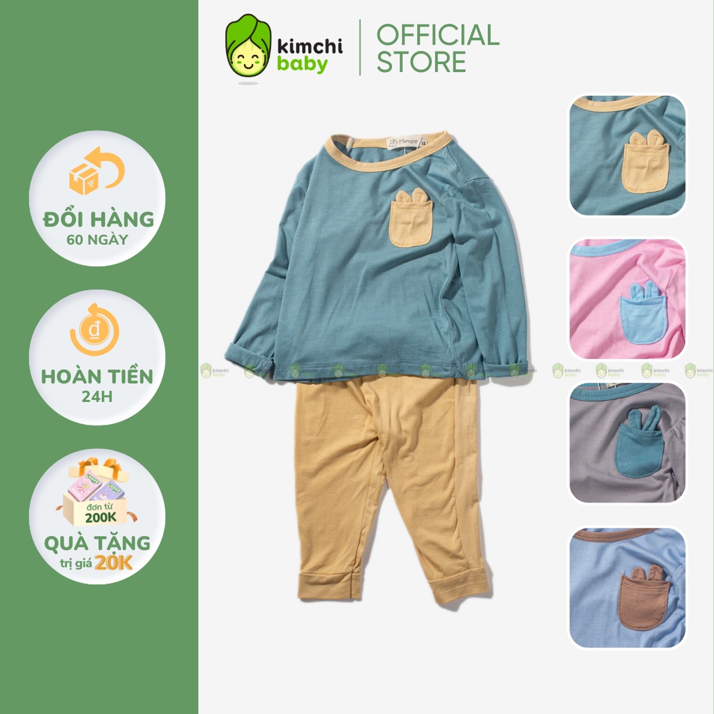 Bộ Dài Tay Thun Lạnh Cho Bé Trai, Bé Gái KIMCHIBABY Hoạ Tiết Túi Ngực Tai Thú, Đồ Bộ Mặc Nhà Cho Bé Thu Đông KWTD2211