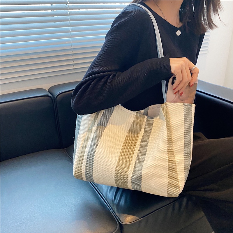 Túi xách vải bạt cỡ lớn in họa tiết kẻ sọc phong cách mùa hè đơn giản cho nữ IELGY