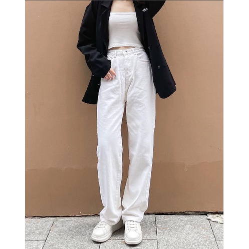 Quần jean nữ dáng suông lưng cao ống rộng trắng kiểu Hàn Quốc dễ phối đồ cho nữ SM121 | BigBuy360 - bigbuy360.vn