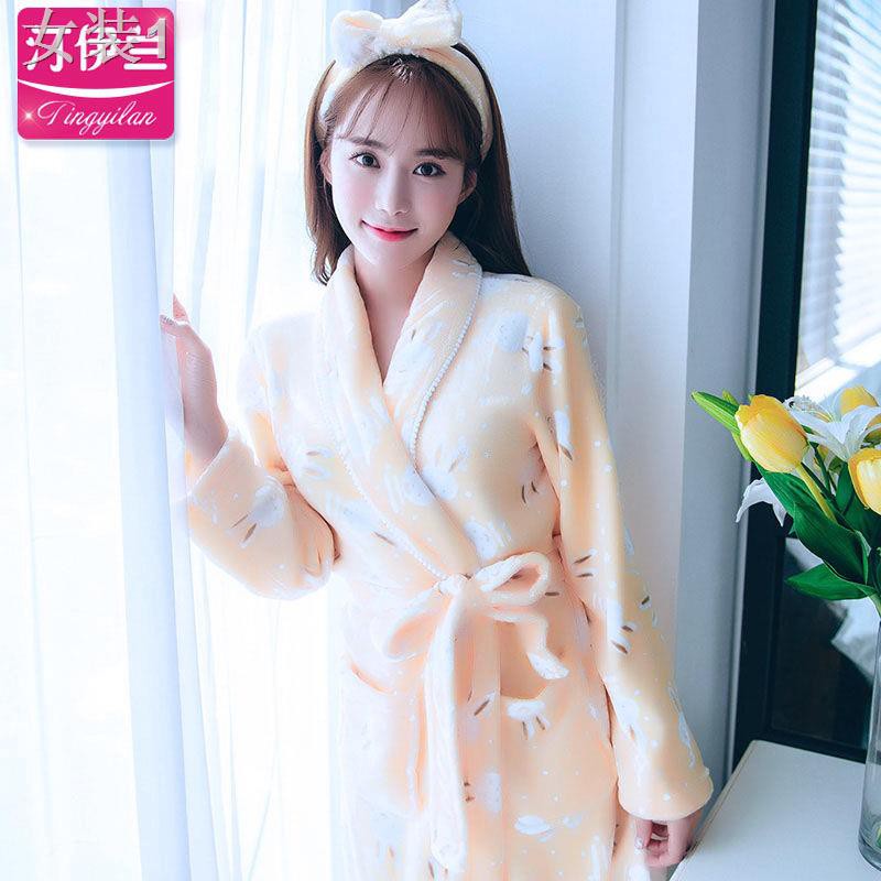 Váy ngủ phụ nữ mùa đông vải nỉ dày dặn xuân và thu bộ đồ pijama dễ thương áo choàng tắm dài tay Phiên bản Hàn