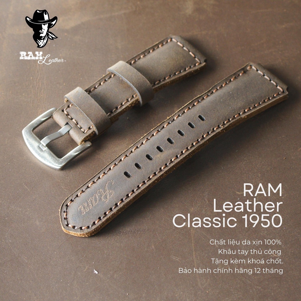 Dây Đồng Hồ Da Thật RAM Leather Classic 1950 Da Bò Nâu Đất Cho Casio AE 1200 WHD và đồng hồ dây 18mm  Bền Đẹp