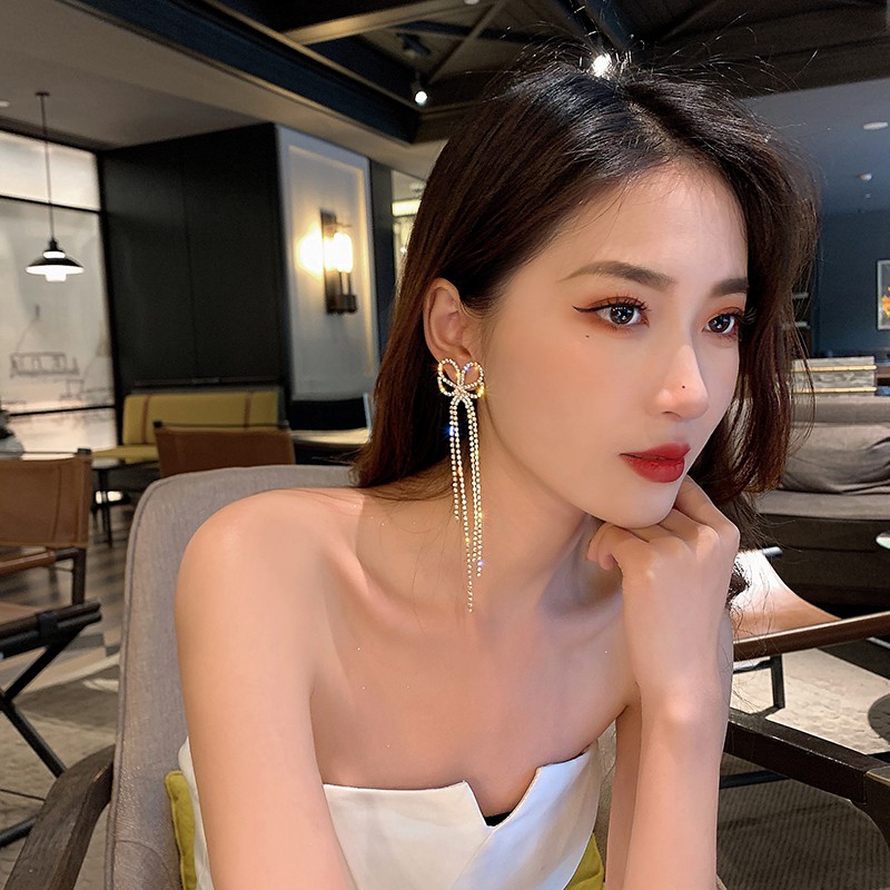 Bông tai mạ vàng đính đá thiết kế thắt nơ tua dài_M1261
