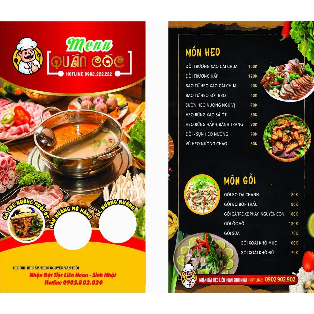 menu, bảng giá dịch vụ đã bao gồm thiết kế