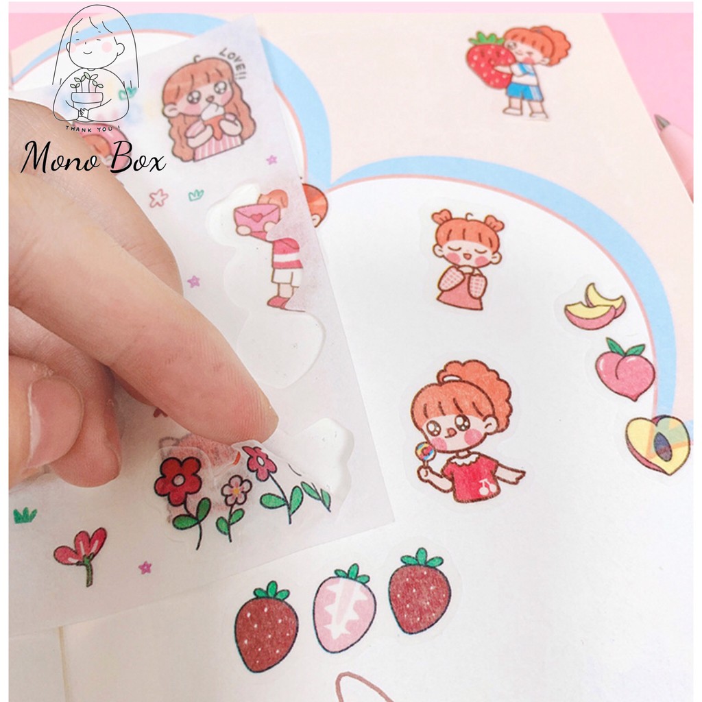 Combo sticker dán 10 tờ, 10 cuộn washi tape, 30 tờ giấy note hoạt tiết cô gái ngọt ngào dễ thương Mono_box CB1