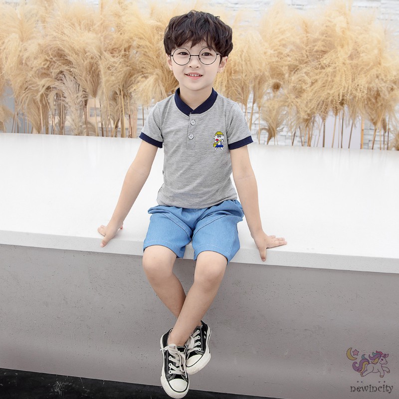 Set Áo Thun Ngắn Tay In HỌa Tiết Hoạt Hình Kèm Quần Ngắn Cho Bé Trai