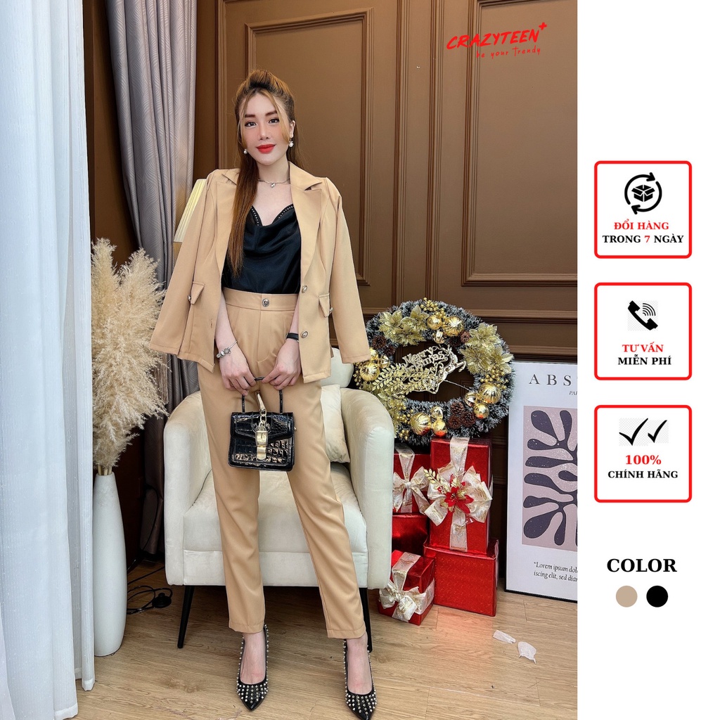 Set vest 3 món nữ CRAZYTEEN áo vest dáng dài quần tây ống đứng kèm áo dây cổ đổ S0377