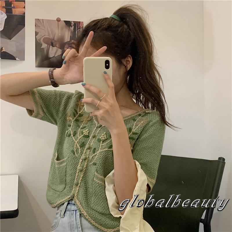 Áo Cardigan Tay Ngắn Cổ Chữ V Thêu Họa Tiết Thời Trang Cho Nữ